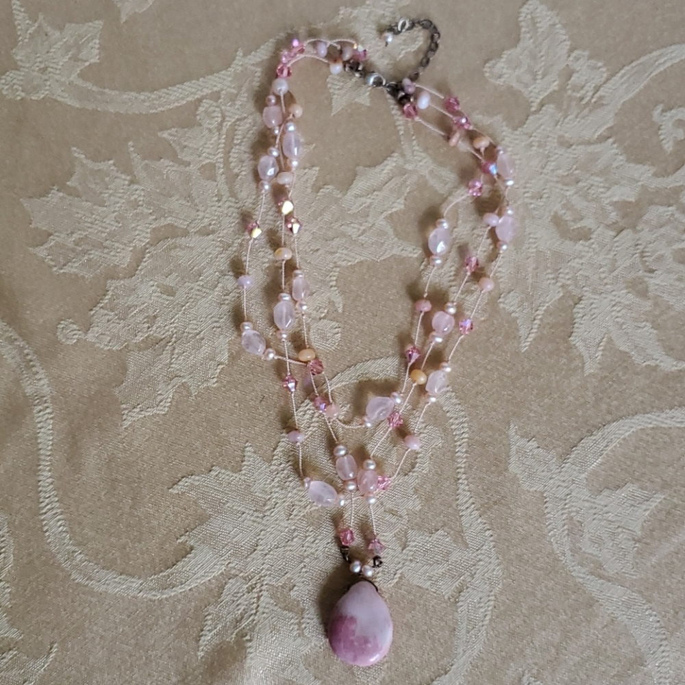 Handmade Rose-quartz Tri-tier Necklace 925 - Picture 14 of 14
